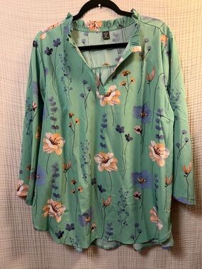 🎀5/$15 SHEIN Curve Mint Green Floral v-neck spring summer blouse size 2XL-I